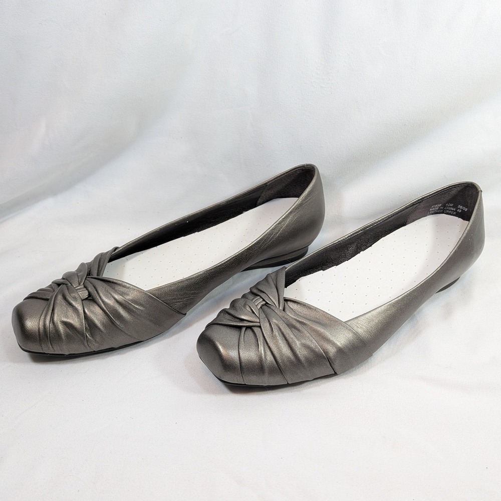 Clarks Pewter Leather Flats; Artisan Knot Square Toe Slip On Comfort Shoes